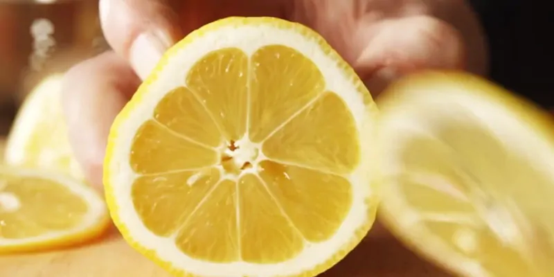 Primer plano de una rodaja de limón fresco sostenida con la mano