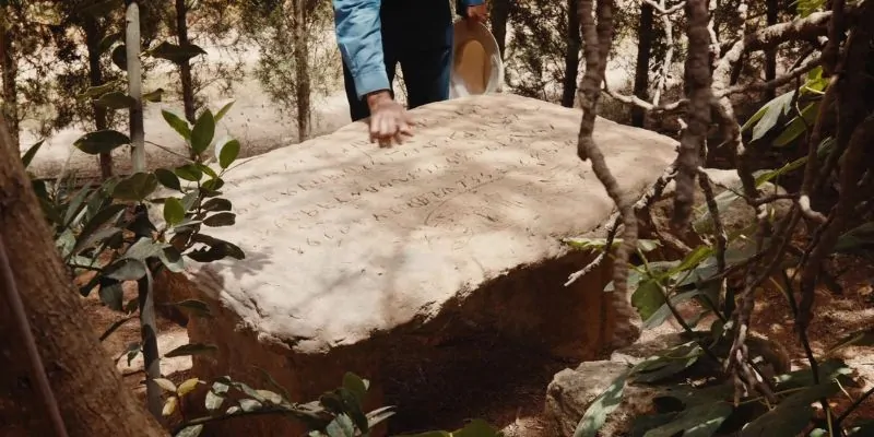 Piedra antigua con inscripciones talladas en bosque, examinada por explorador