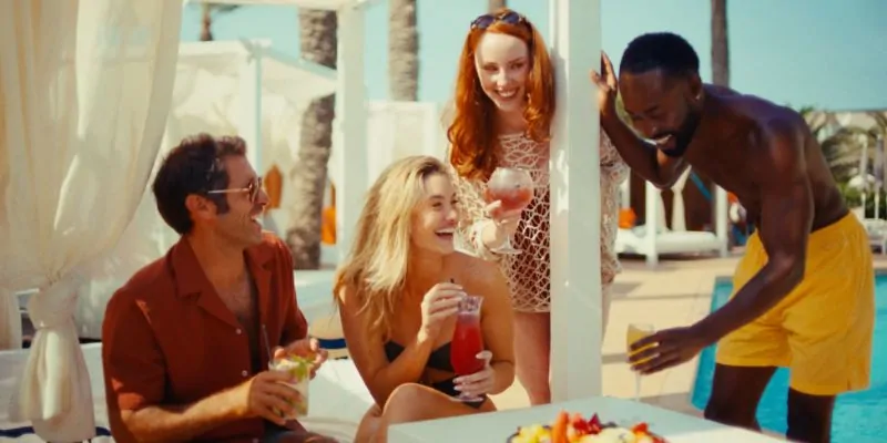 Grupo de amigos disfrutando cócteles junto a la piscina en resort de lujo